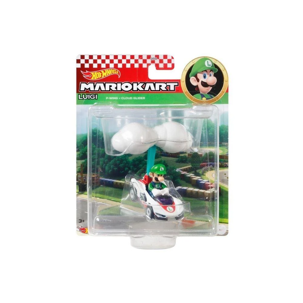 Hot Wheels Diecast 1/64 Scale Mario Cart Luigi P-wing Kart with Cloud Glider
