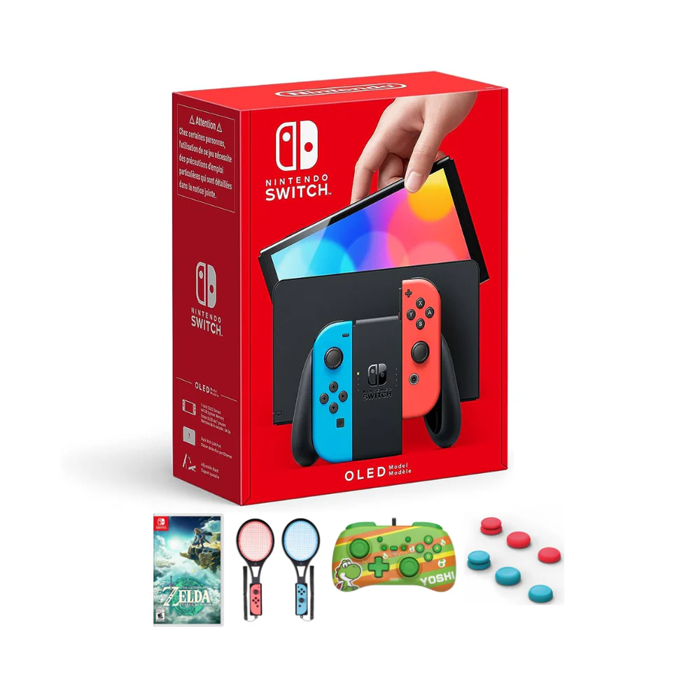 NS Bundle: OLED+Game+Controller+TennisPro+Caps - Neon